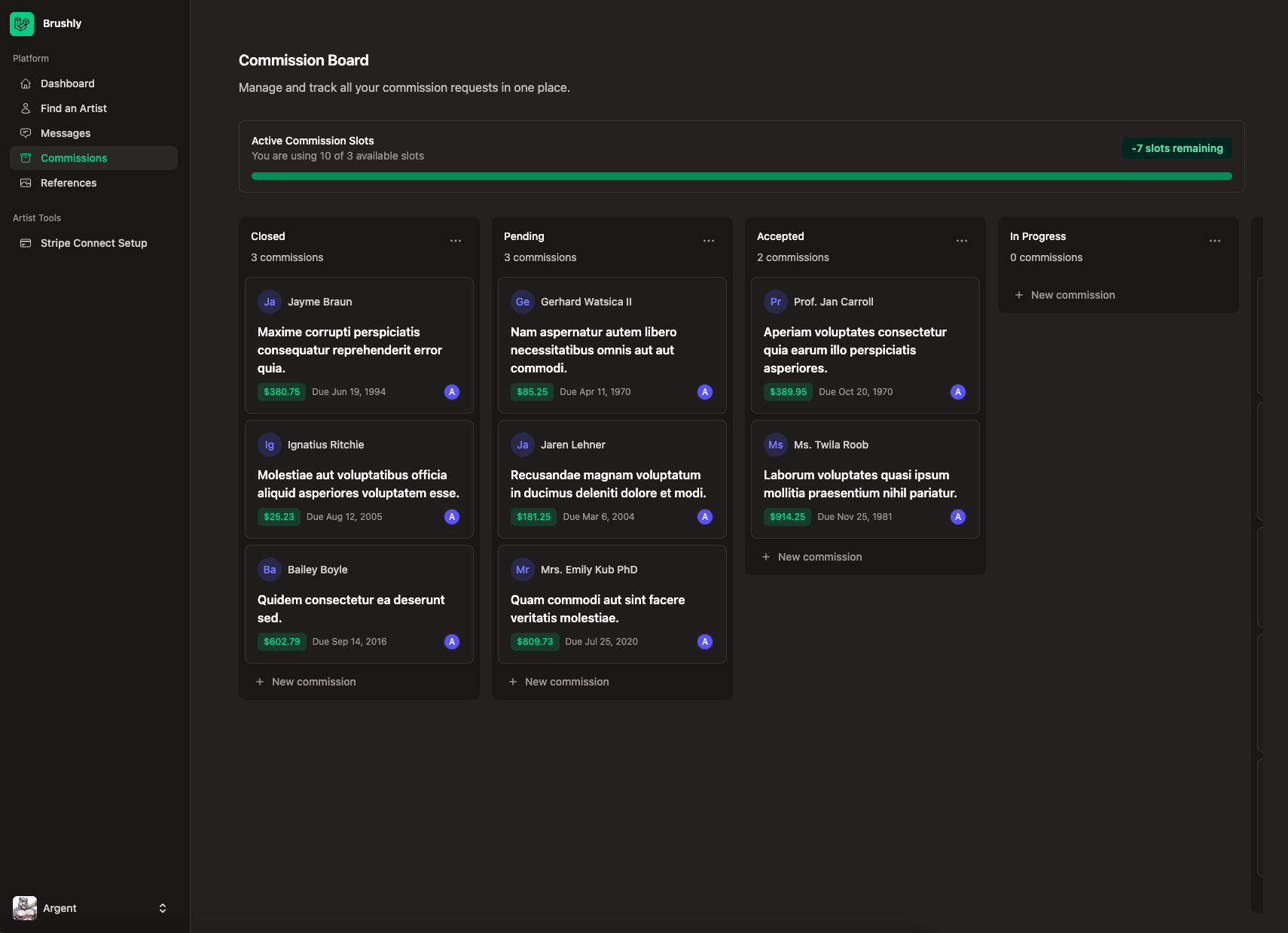 Brushly dashboard showing commission management interface
